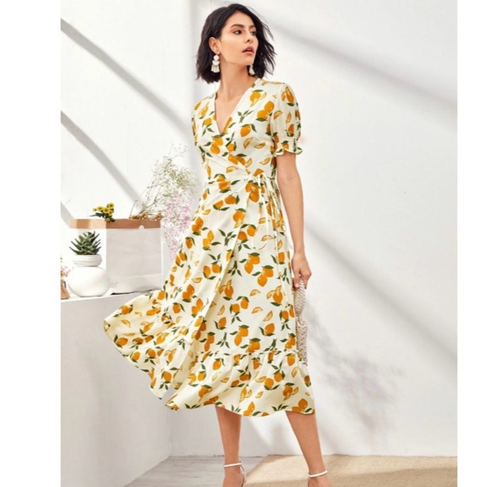 Citrus print wrap  maxi summer orange cream dress